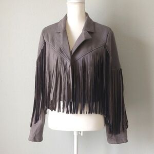 NWT Gray Faux Suede Fringe Jacket